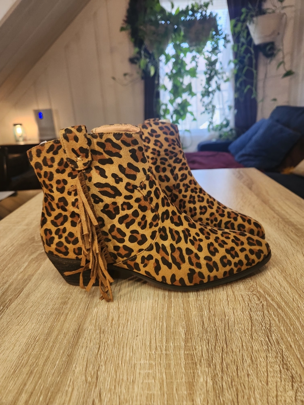 Volatile Leopard-Print Ankle Boots in Tan and Black with Tassel